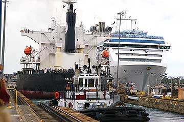 Cruise ship in the Gatun Locks near Colon, Panama.