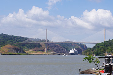 The Maasdam Cruise Ship in the Panama Canal under the new Centenial Bridge