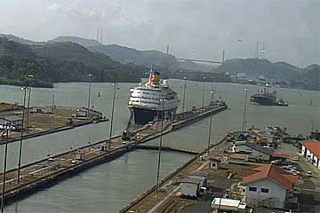 The MS Saga Ruby Cruise Ship entering the Miraflores Locks
