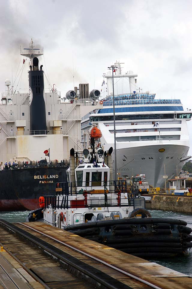 The Coral Princess in the Gatun Locks Panama Canal with heavy traffic