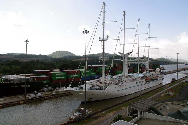 The Wind Star in front of the Miraflores Panama Canal Visitors Center
