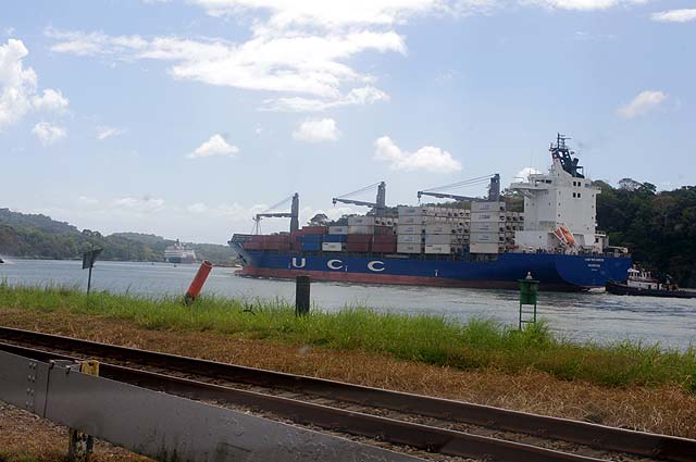 The MS Maasdam on her South Bound Panama Canal Transit in front of a container ship