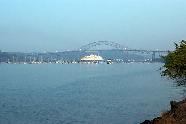 The RMS Queen Elizabeth 2 at the Bridge of Las Americas Panama